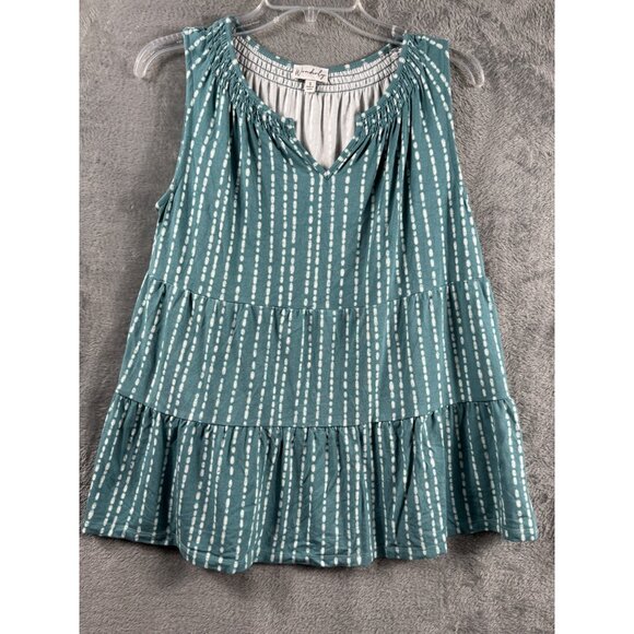 Teal Sleeveless Tiered Ruffle Top With White Dotted Stripes V-Neck By Wonderly W - Picture 1 of 8